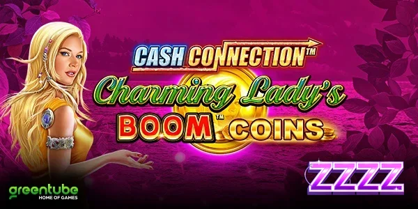 Interface do jogo de slot Cash Connection Charming Lady’s Boom Coins com elementos visuais vibrantes.