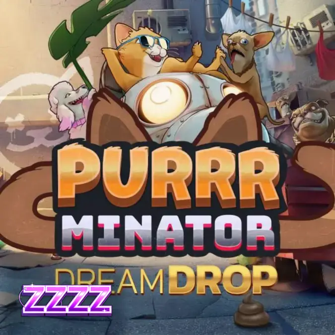 Tela de jogo do slot Purrrminator Dream Drop com temática cyberpunk